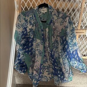 Blue & Green Paisley Sheer Button-Up Blouse
